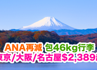 ANA再減!二人同行.東京/大阪/名古屋每人只需$2,389起!用優惠碼再減$200!包46kg行李