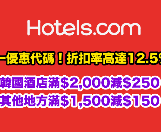 Hotels.com 五一優惠代碼!折扣率高達12.5%!訂韓國酒店滿$2,000減$250、其他地方滿$1,500減$150!入住日期至7月31日