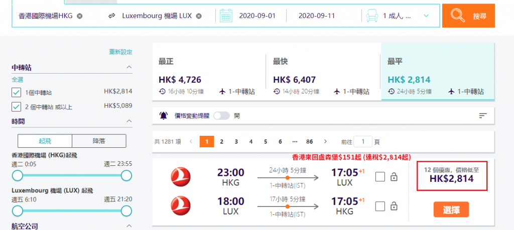 香港來回盧森堡$151起 (連稅$2,814起)