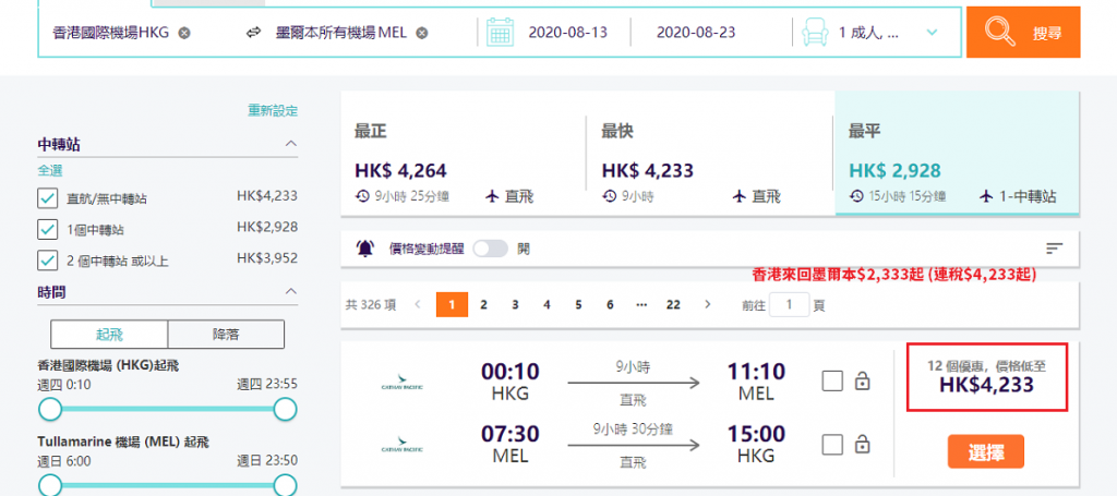 香港來回墨爾本$2,333起 (連稅$4,233起)！