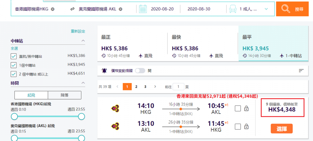 香港來回奧克蘭$2,971起 (連稅$4,348起)