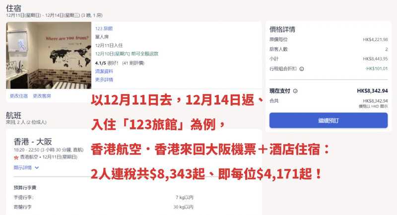 以12月11日去，12月14日返、入住「123旅館」為例，香港航空．香港來回大阪機票＋酒店住宿：2人連稅共$8,343起、即每位$4,171起！