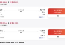 【港航.沖繩2人同行優惠】香港飛沖繩來回連稅$1,907起!出發日期至明年1月!包寄艙行李+手提行李