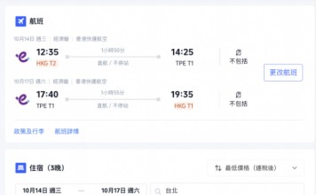 【HK Express 台北套票】可週末出發、可早去晚返!來回機票+酒店連稅:4日3夜$1,586起、8日7夜$1,982起!9至11月出發